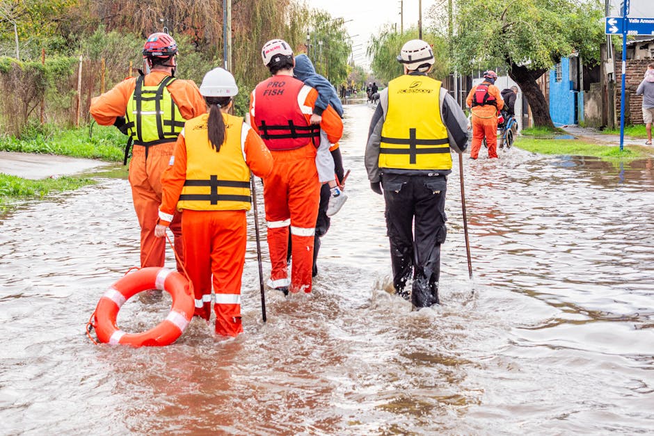 Photograph of a flooded urban street in Pimlico during daytime, with water level reaching halfway up the lower parts of multi-story buildings that feature pastel-colored facades and window shutters. Four pedestrians, dressed in casual clothing, wade through the floodwaters, some carrying bags or backpacks. The street is lined with trees and lampposts, with a clear blue sky overhead. The scene highlights the impact of recent flooding, emphasizing the importance of professional flood cleanup and surface sanitisation services, as offered by Cleaner Pimlico. The bright lighting shows the reflectiveness of the water on the pavement, and the buildings' clean, well-maintained exteriors contrast with the natural water flooding the street. This image illustrates the need for swift flood response and deep cleaning to restore safety and hygiene in affected areas.